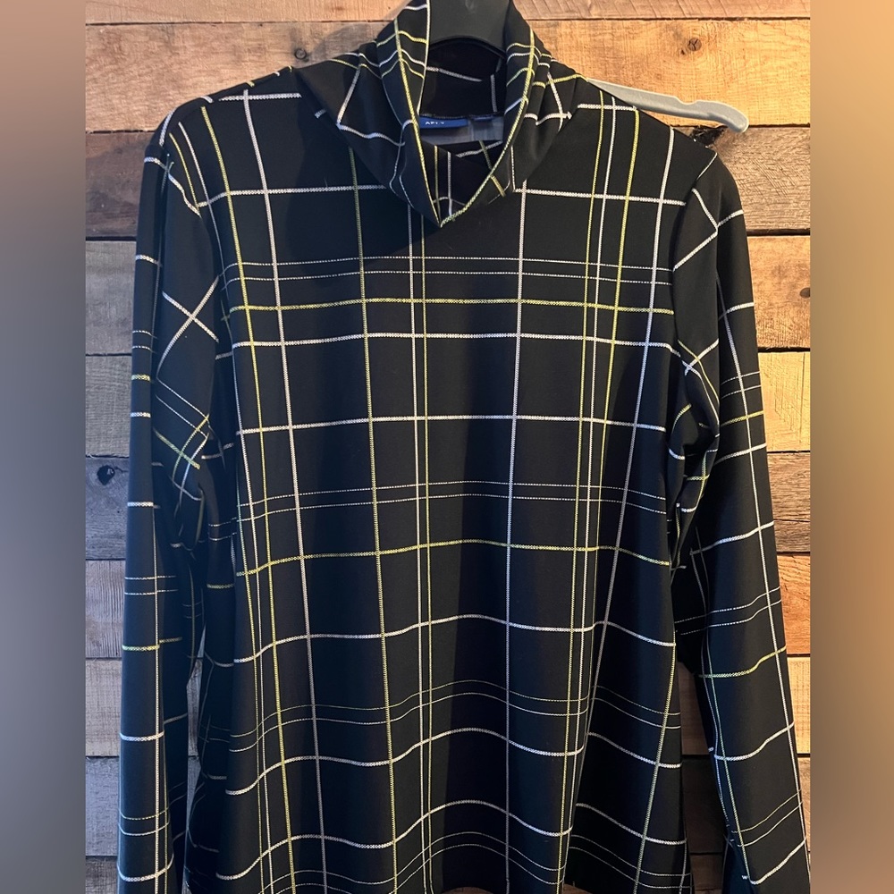 Black, lime greenish/yellow striped turtleneck